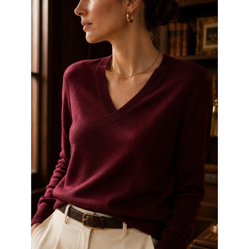 Tory Burch MARILYN 100% Cashmere V-Neck Sweater IMPERIAL GARNET WOMEN SMALL‎